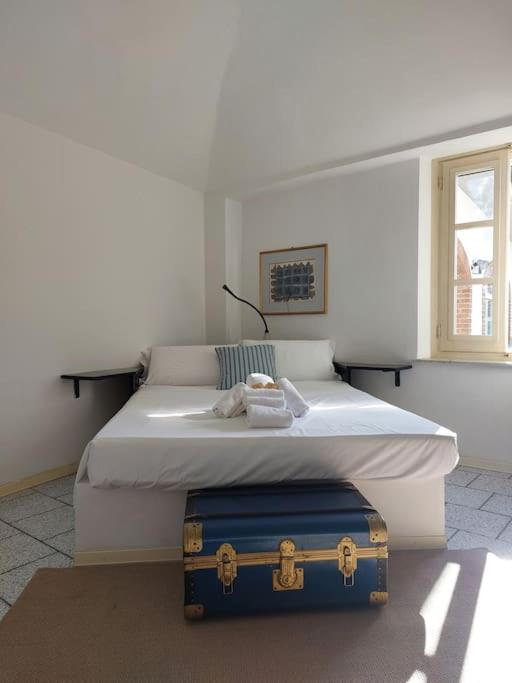 - une chambre dotée d'un lit avec une valise bleue dans l'établissement Ca' San Lorenzo - Villa panoramica con piscina - Vignale Monferrato, à San Lorenzo