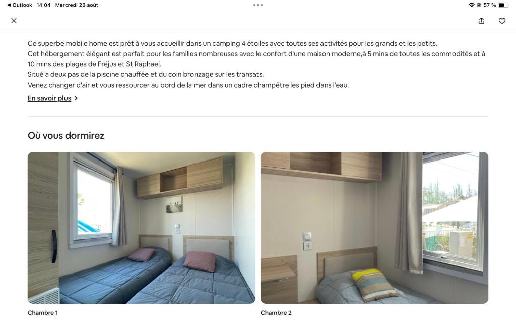 deux lits dans une chambre avec deux fenêtres dans l'établissement cosy et ultra confort au bord, à Fréjus