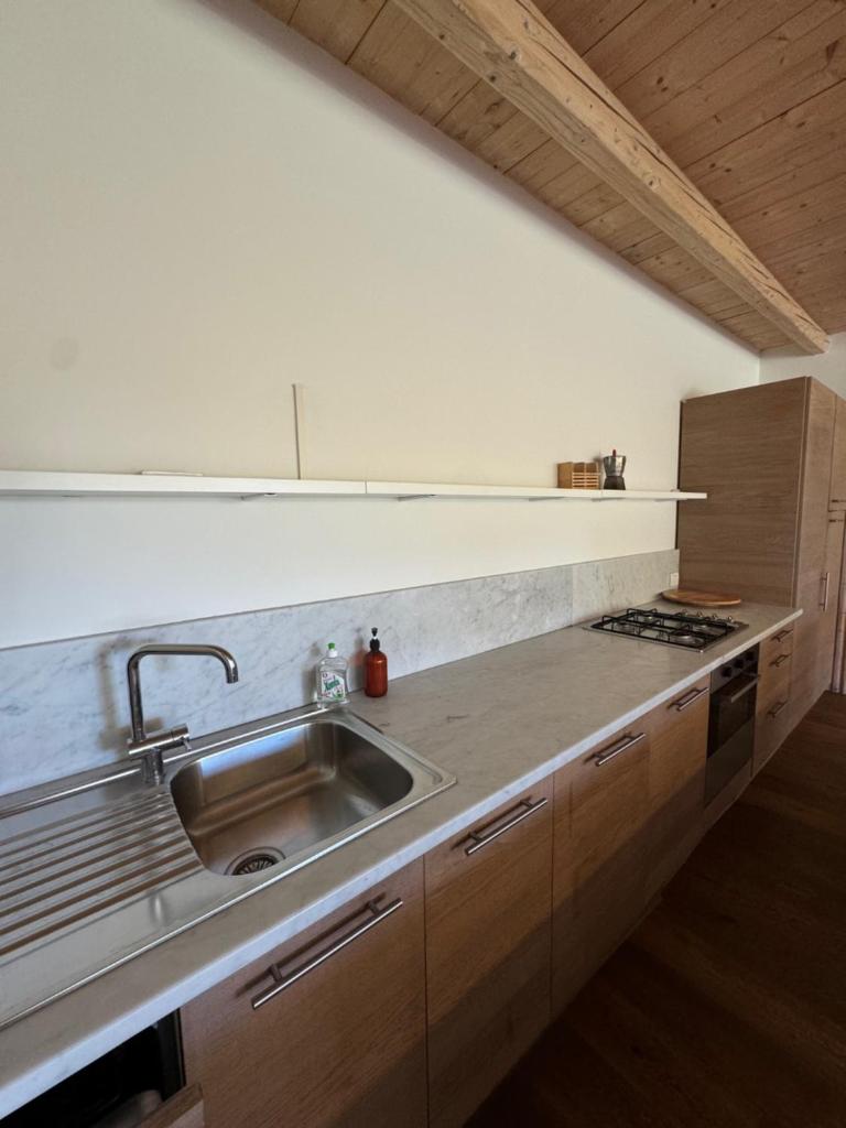 - une cuisine avec un évier en acier inoxydable et des placards en bois dans l'établissement Villa La Ginestra Piemonte with private pool, à Bistagno