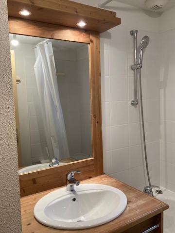 une salle de bain avec un lavabo et une douche avec un miroir dans l'établissement Chez Pilou, à Arvieux
