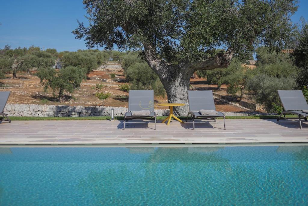 une piscine avec des chaises, une table et un arbre dans l'établissement TD Trulli Lorusso Design Luxury Trulli with Pool, à Castellana Grotte