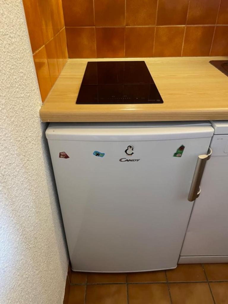 - un comptoir sur un réfrigérateur blanc dans l'établissement Nice 37m near the center of La Salle-les-Alpes, à La Salle Les Alpes