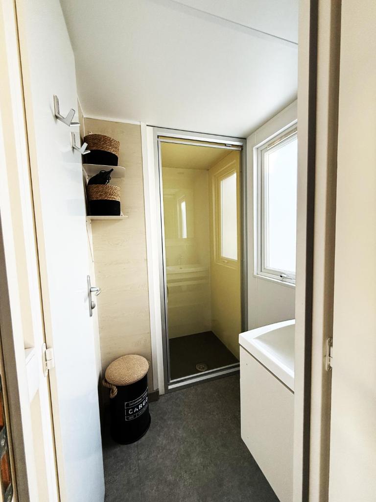 une salle de bain avec une douche, un lavabo et un miroir dans l'établissement Mobil-home - Camping Le Marisol - Torreilles-plage, à Torreilles