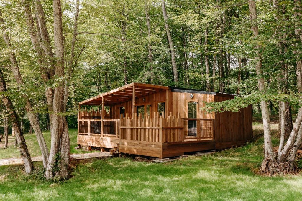 une cabane en bois entourée d'arbres dans l'établissement Slow Village Saint-Cybranet - Périgord, à Saint-Cybranet
