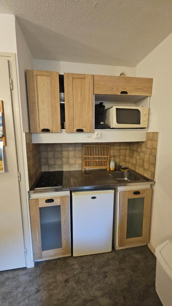 une petite cuisine avec une cuisinière et un micro-ondes dans l'établissement Studio Le Cérétou - La Mongie Tourmalet, à Bagnères-de-Bigorre 1 autre photo