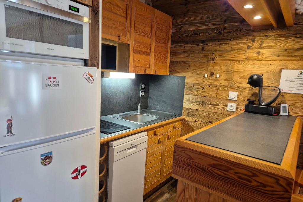 une cuisine avec un réfrigérateur blanc et un évier dans l'établissement Superbe appartement au pied des pistes -Le chamois, à Les Déserts