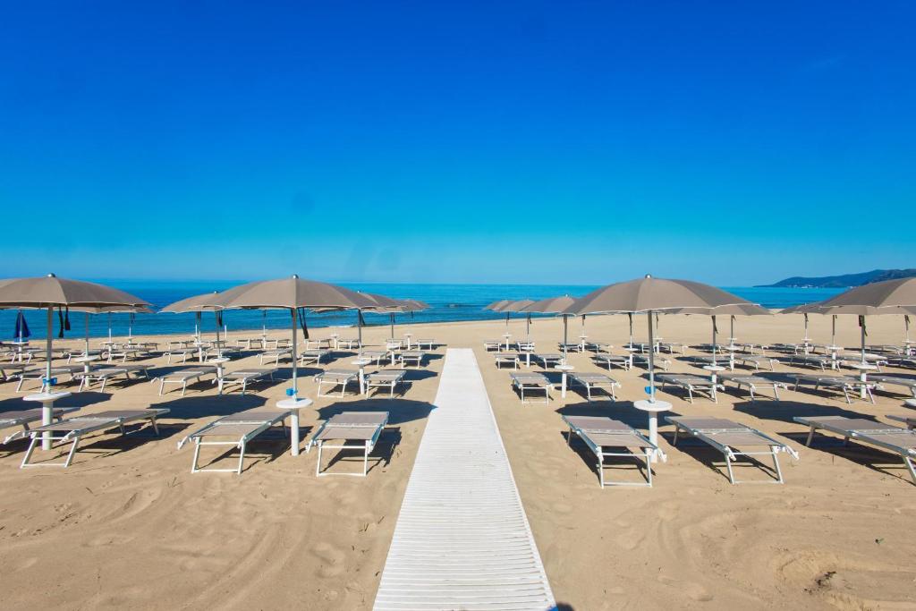 une rangée de chaises et de parasols sur une plage dans l'établissement Ancora Resort, à Acciaroli