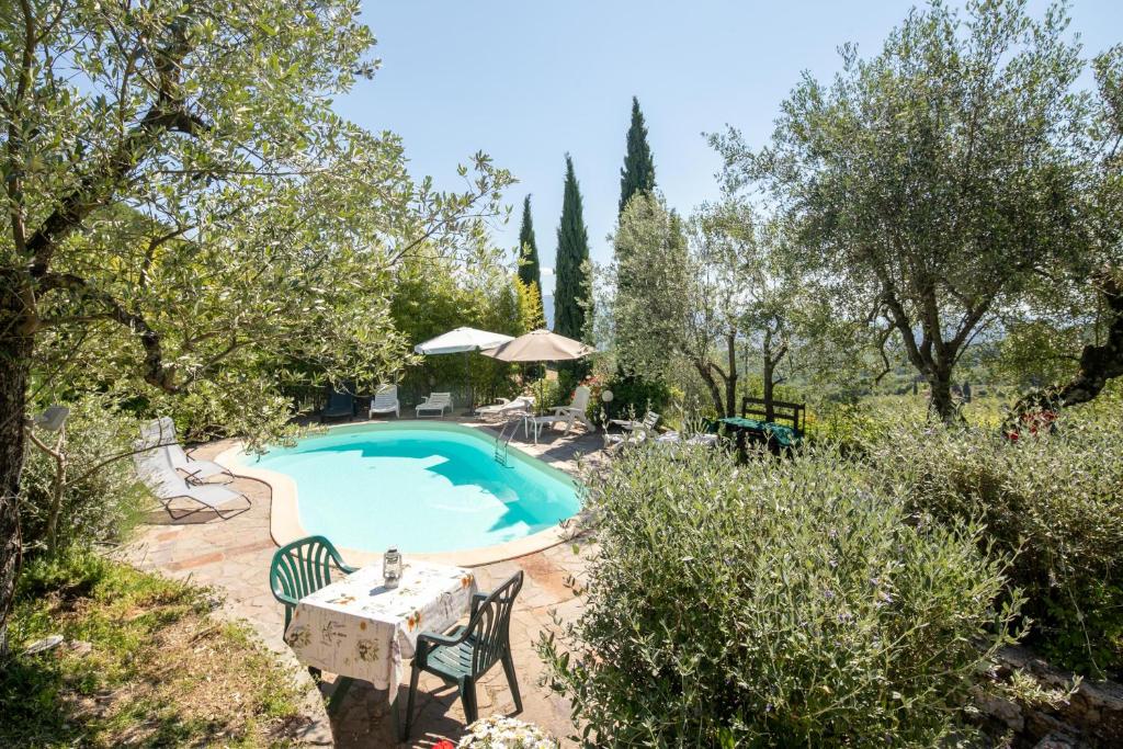 une piscine dans un jardin avec une table et des chaises dans l'établissement Casale Giaggiolo, à Incisa in Valdarno