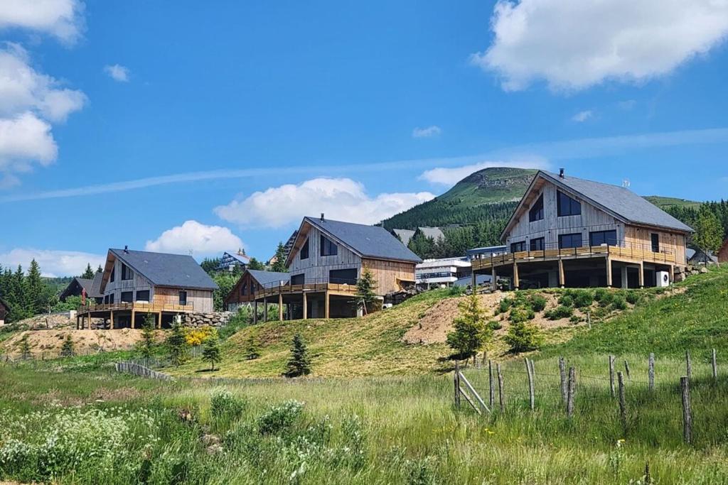 un groupe de maisons au sommet d'une colline dans l'établissement La Flèche 1 - Chalet Standing - Jacuzzi Privatif, à Besse-et-Saint-Anastaise