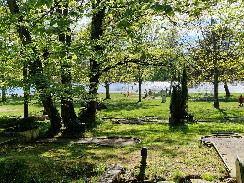 un parc avec des arbres et des gens dans l'herbe dans l'établissement Camping Montard, à Lamongerie
