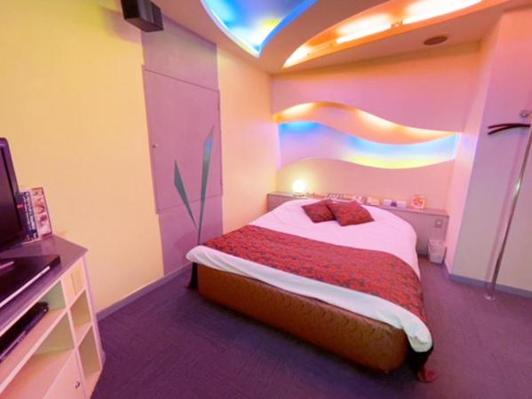 une chambre avec un lit dans une pièce avec une télévision dans l'établissement HOTEL K's GOMANGOKU adult only, à Takatsuka