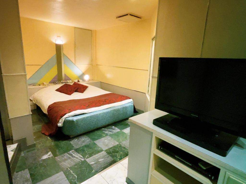 une chambre avec un lit et une télévision à écran plat dans l'établissement HOTEL K's GOMANGOKU adult only, à Takatsuka