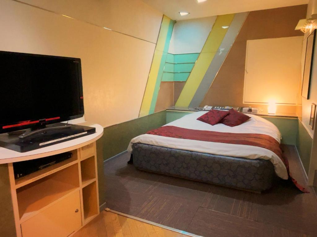 une chambre avec un lit et une télévision à écran plat dans l'établissement HOTEL K's GOMANGOKU adult only, à Takatsuka
