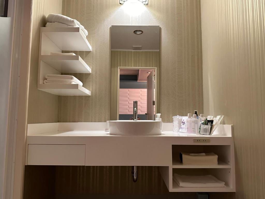 une salle de bain avec un lavabo et un miroir dans l'établissement ホテルさんのさん, à Toyama 15 autres photos