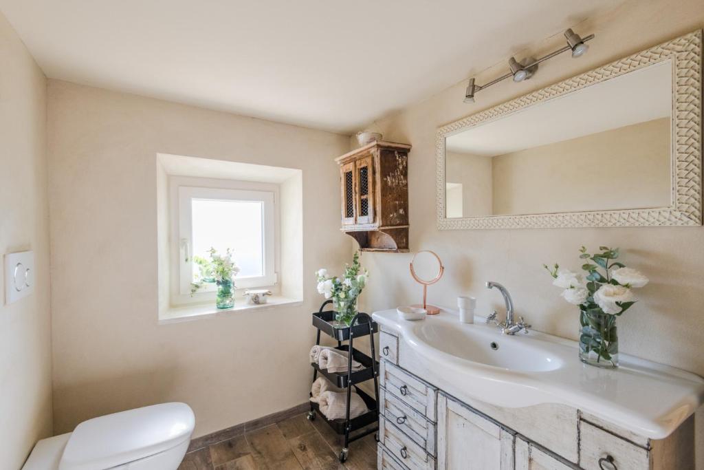 une salle de bain avec un lavabo et un miroir dans l'établissement Le Due Terre Farmhouse, à Monsummano 65 autres photos