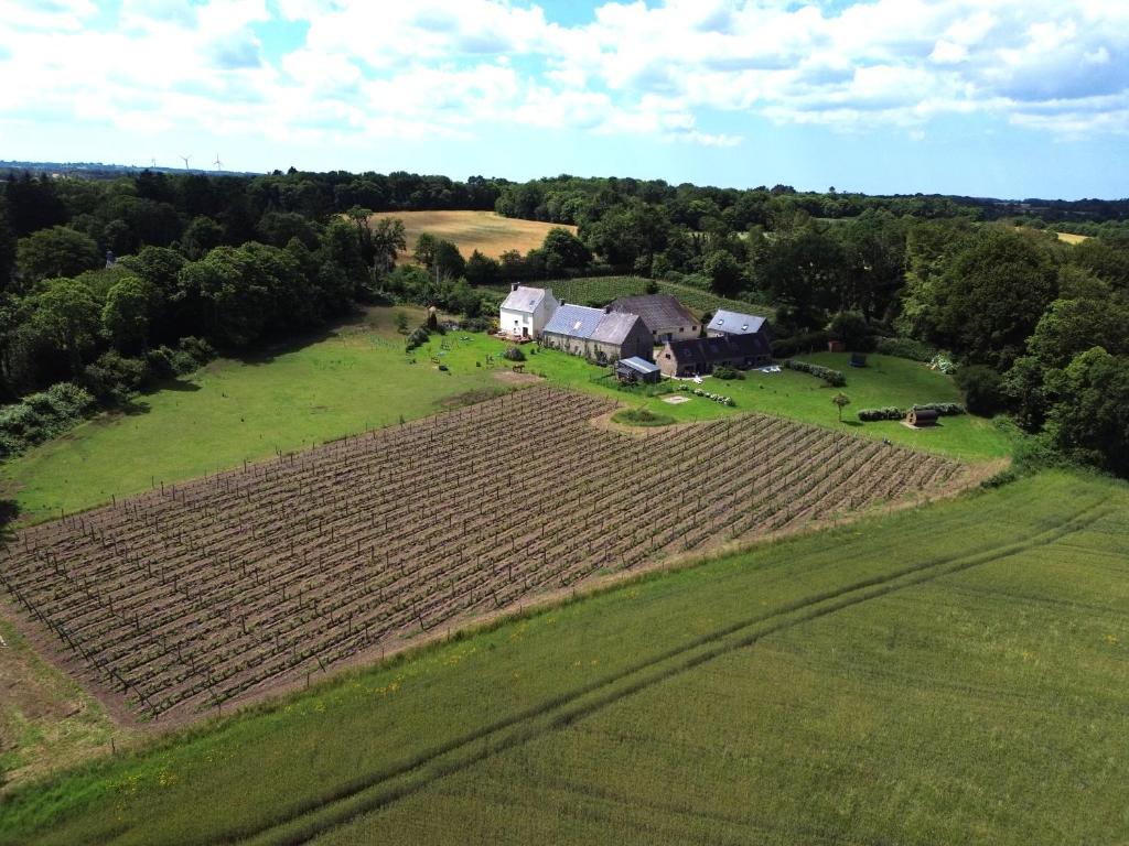 une vue aérienne sur une ferme avec un grand champ dans l'établissement Tonneau bulle insolite, vue sur vignoble, à Pouldergat