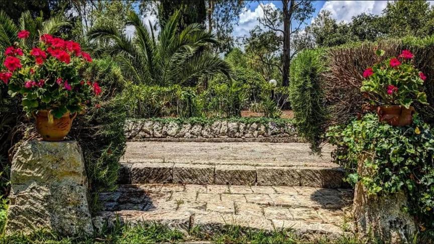 un jardin avec des fleurs rouges et un chemin en pierre dans l'établissement Cottage Sant Elia - Country Retreat, à Noto