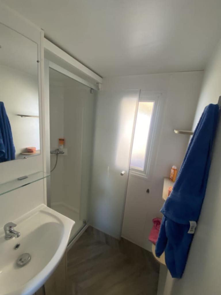 La salle de bains est pourvue d'un lavabo et d'une serviette bleue. dans l'établissement Lac Des Reves Monparadis 58, à Lattes