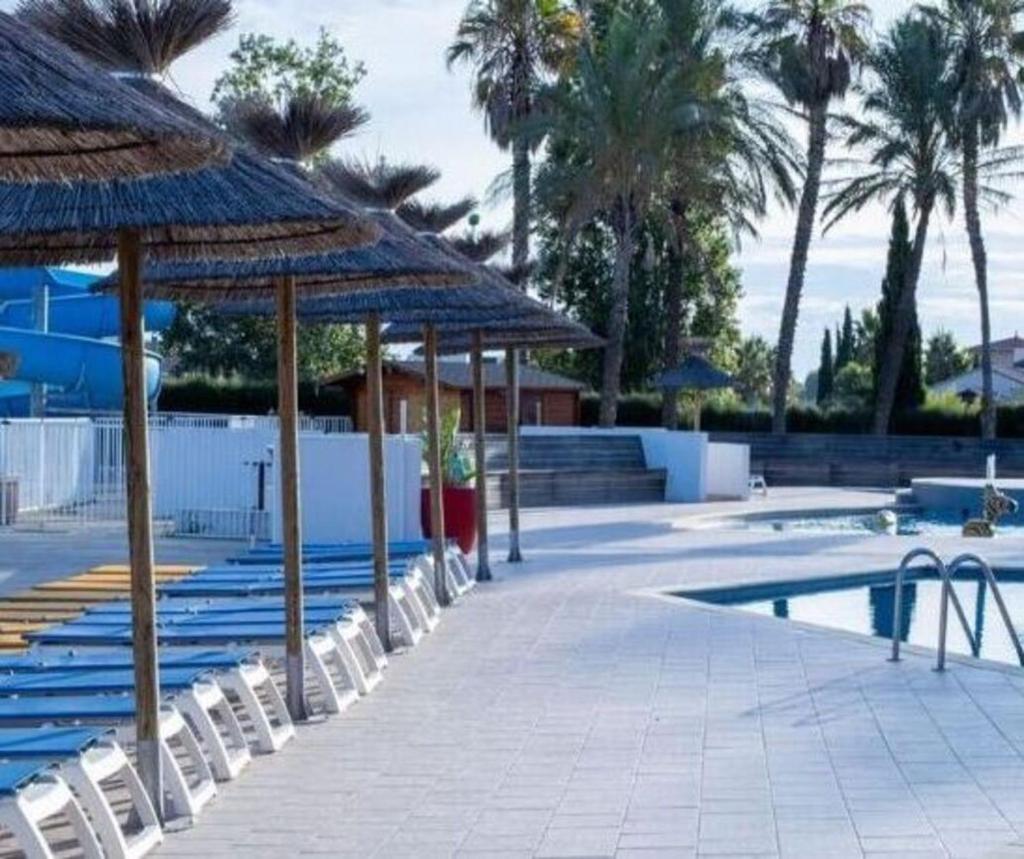 une piscine avec des chaises et des parasols à côté d'une piscine dans l'établissement MOBIL HOME n 2 TOUT CONFORT ST CYPRIEN 66, à Saint-Cyprien