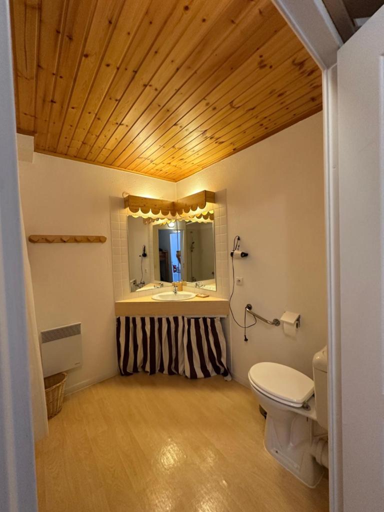 une salle de bain avec un lavabo, des toilettes et un miroir dans l'établissement Appart Risoul 1min pistes - PMR 4-6 pers, à Risoul