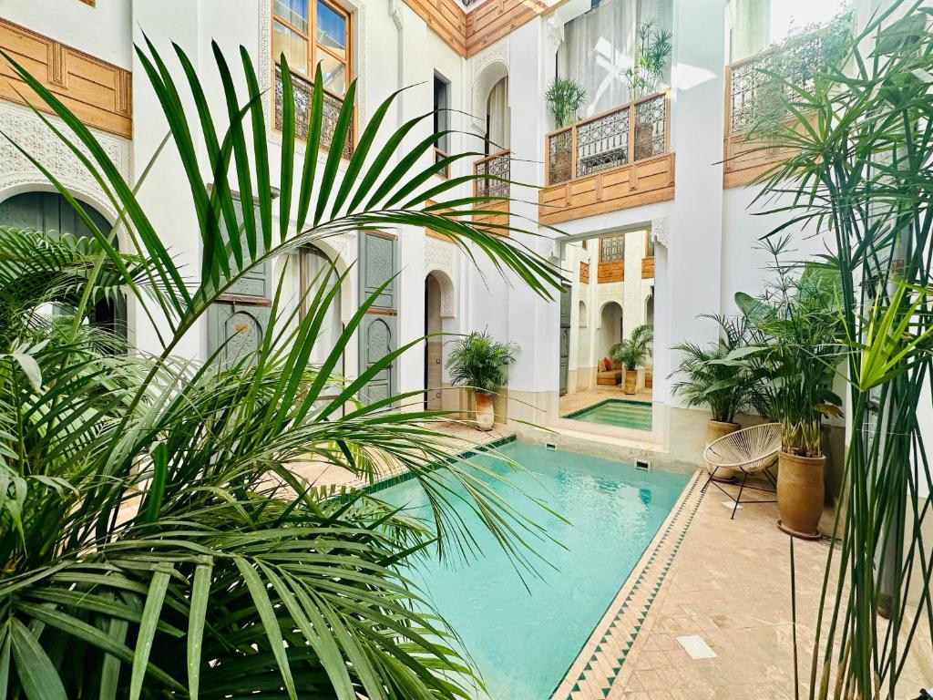 une cour avec une piscine dans un bâtiment orné de plantes dans l'établissement Riad Jardin Des Sens & Spa, à Marrakech