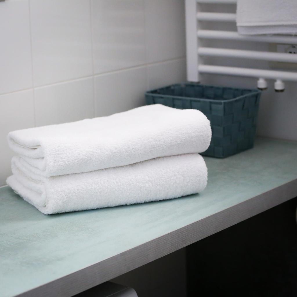 - une pile de serviettes blanches sur un comptoir dans la salle de bains dans l'établissement Otium casa vacanze-servizio spiaggia incluso a 250 mt-struttura pet friendly, à Giulianova