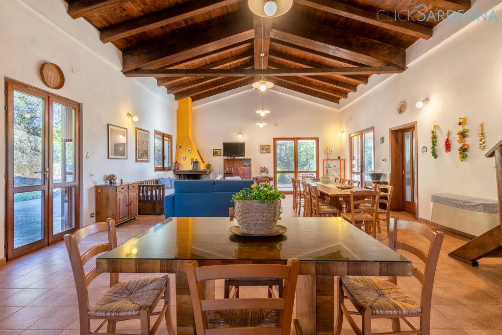 une cuisine et une salle à manger avec une table et des chaises dans l'établissement Villa Olive tree, immersa nella natura per relax e quiete, à Putifigari