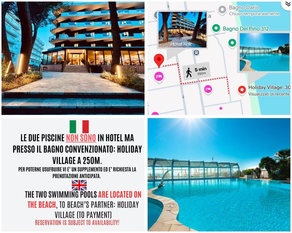 un collage de photos d'un bâtiment avec piscine dans l'établissement HOTEL NOIR - Free Brunch & Breakfast Until 13-00 - Vicinissimi a Mirabilandia, à Milano Marittima