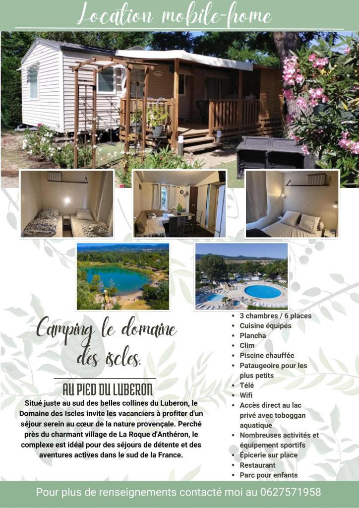 un prospectus pour un mobile home de location dans l'établissement Claude et chris536, à La Roque-dʼAnthéron