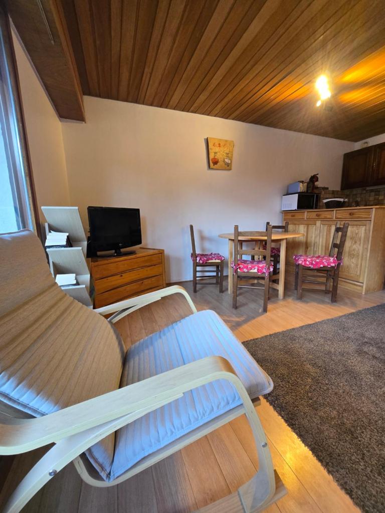 un salon avec un canapé et une table dans l'établissement Les Brimbelles 27 studio au pied du télémix de Belle Étoile, à Les Deux Alpes