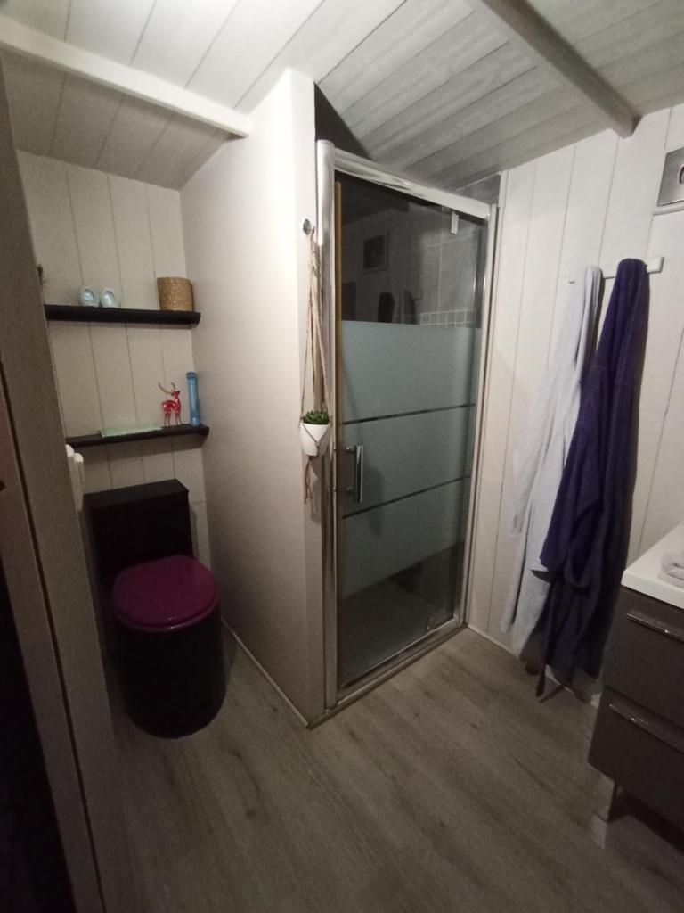 une salle de bain avec une douche avec une porte vitrée dans l'établissement La bulle, à Attiches