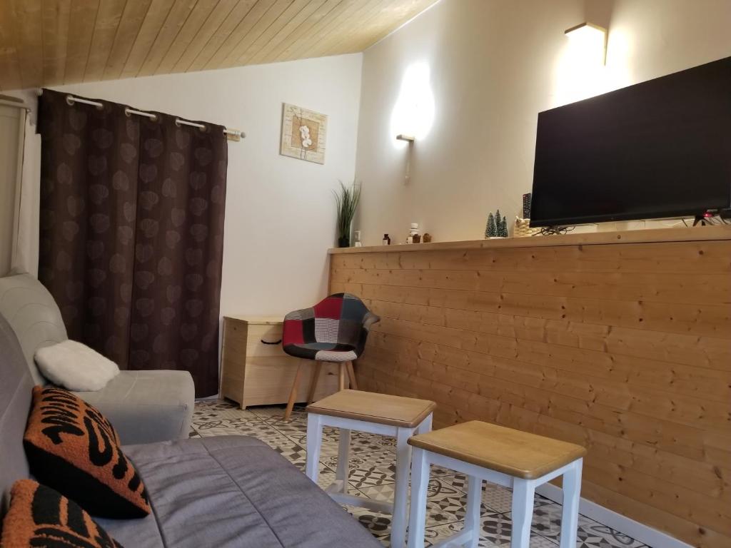 un salon avec un canapé et une télévision à écran plat dans l'établissement Maison Centre Ville Parking privé, à Ax-les-Thermes