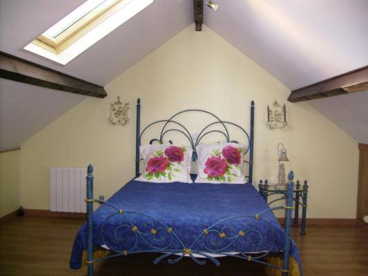 - une chambre avec un lit bleu orné de fleurs dans l'établissement la vallee du cher, à Monthou-sur-Cher