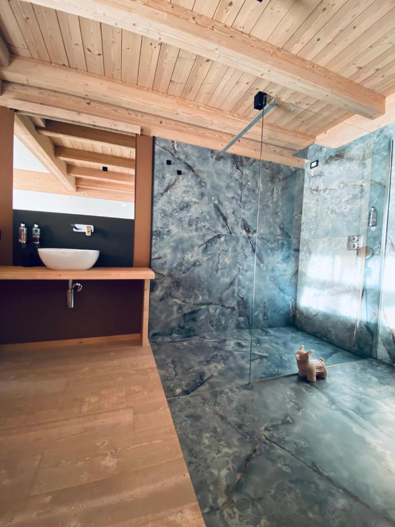 une salle de bain avec un lavabo et une douche en verre dans l'établissement Bazzario Loft, à Lavarone 77 autres photos