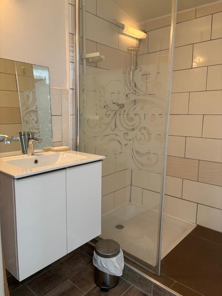 une salle de bain avec une douche avec un lavabo et des toilettes dans l'établissement Les Balcons de L'Izoard, à Arvieux