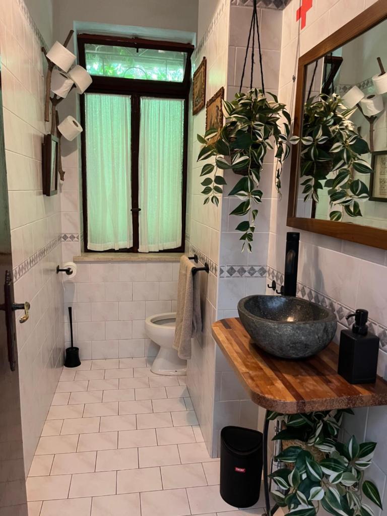 une salle de bain avec un lavabo et des toilettes et une fenêtre dans l'établissement Casa De Crescenzo con piscina, à Bellona