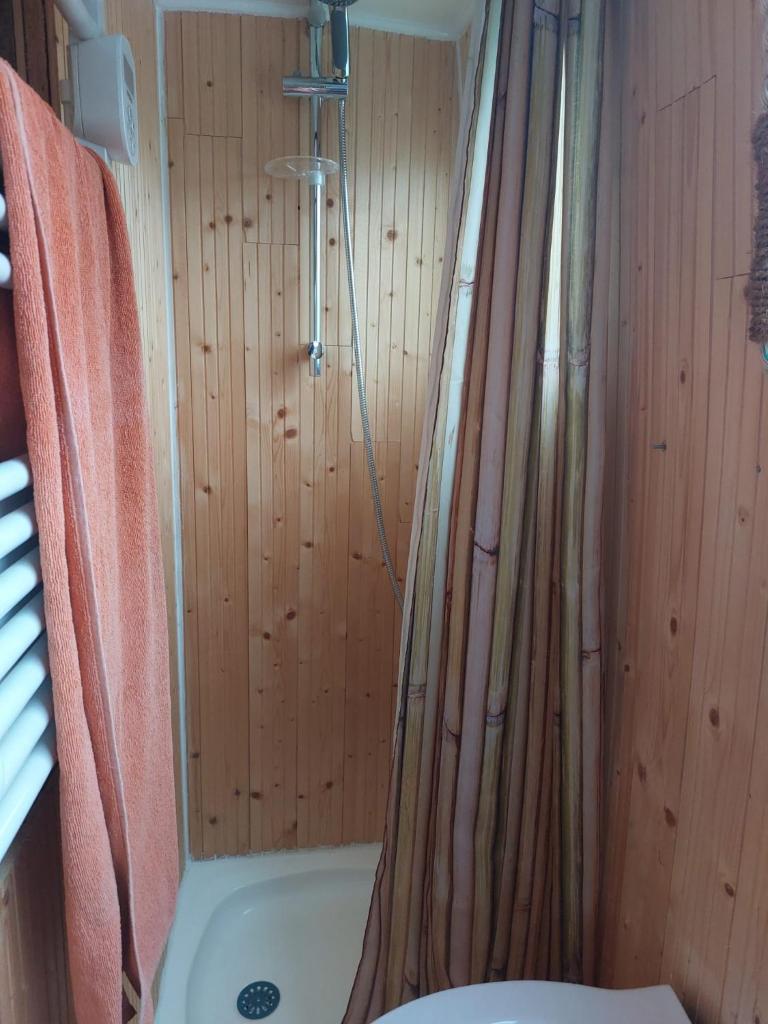 La salle de bains est pourvue d'une douche et d'une baignoire. dans l'établissement BOAT Judy proche PARIS, à Maurecourt
