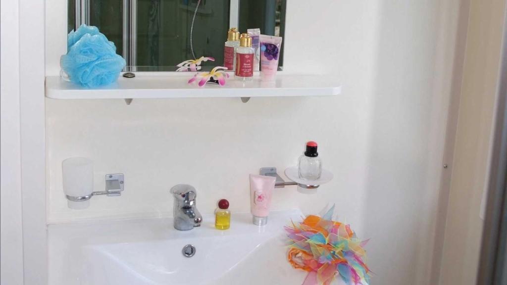 La salle de bains est pourvue d'un lavabo et d'un miroir. dans l'établissement Camping 4 étoiles - Parc aquatique - eec0ef, à Agay 37 autres photos