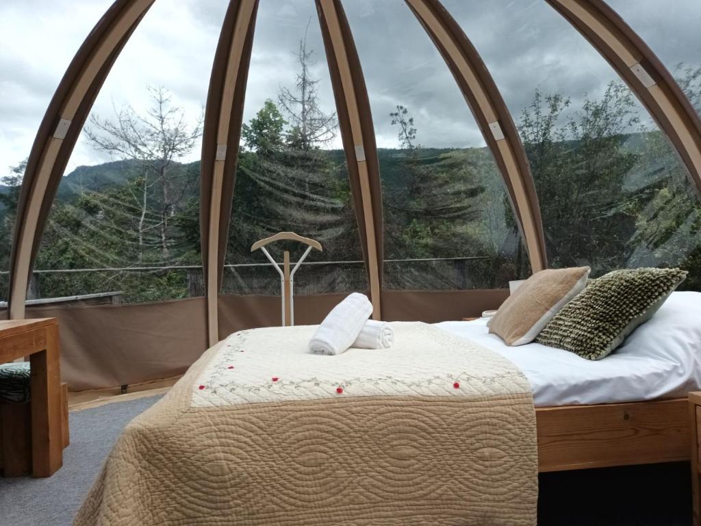 un lit dans une chambre avec une grande fenêtre dans l'établissement Bulle en bois sous les étoiles, à Champfromier
