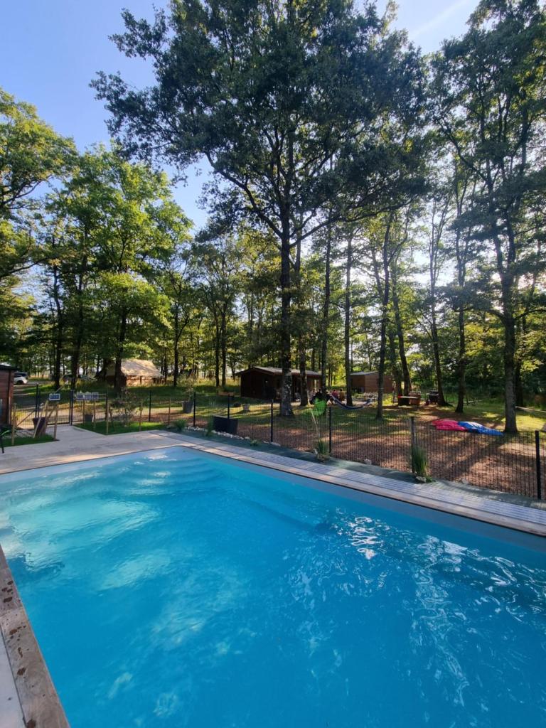 une piscine avec des arbres en arrière-plan dans l'établissement La Parenthèse Meslandaise, à Mesland