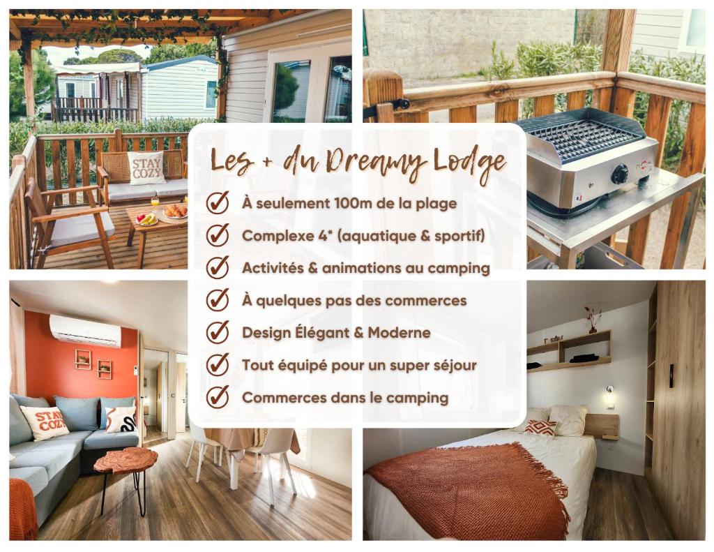 un collage de photos d'un balcon avec un panneau dans l'établissement Dreamy Lodge - Plaisir & Plage à 100m, à Canet