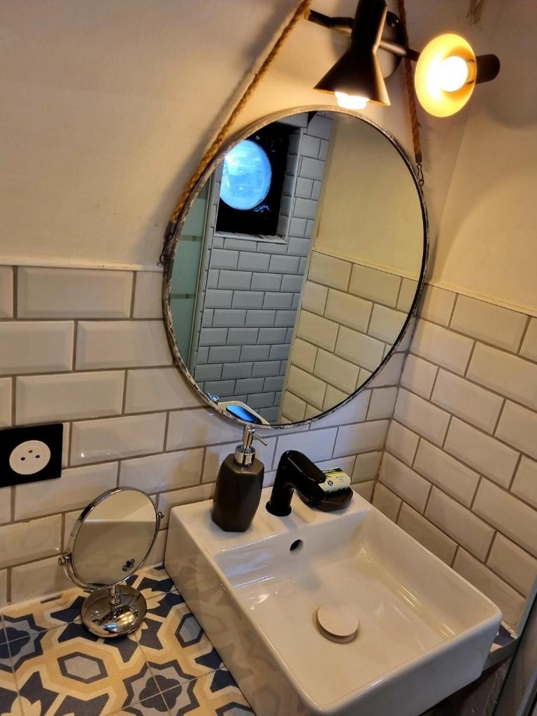une salle de bain avec un lavabo et un miroir dans l'établissement Péniche de charme avec jacuzzi sur canal du midi, à Toulouse 37 autres photos