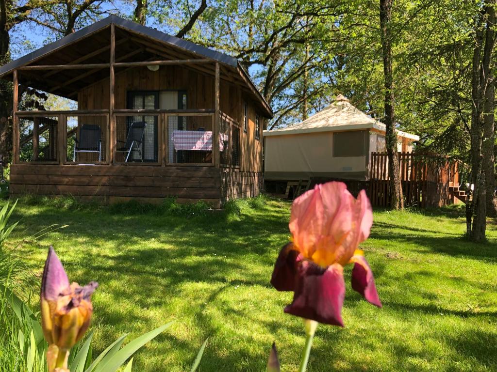 une cabine dans une cour avec des fleurs dans l'herbe dans l'établissement Les lodges de phanou Tente lodge, à Prissac