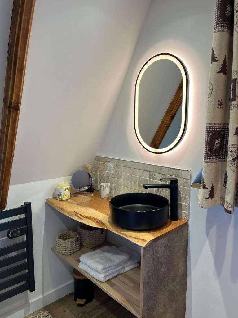 une salle de bain avec un lavabo et un miroir dans l'établissement Chalet 6-9 pers St Lary Alt1700m -100mdespistes classé 4 étoiles, à Saint-Lary-Soulan 37 autres photos