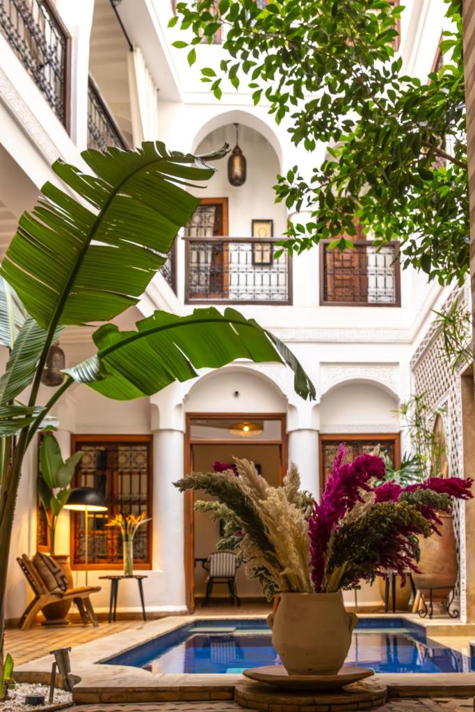 une maison avec une piscine et une plante dans l'établissement Riad Dar Beldia and Spa, à Marrakech