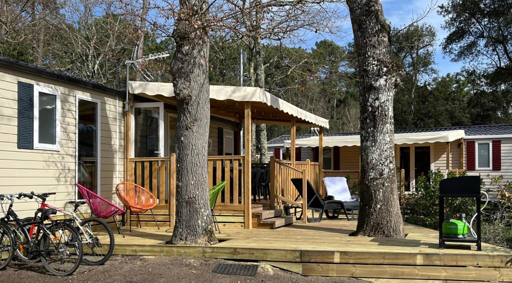 une cabine avec une véranda et deux arbres dans l'établissement Cap Rêve, à Lège-Cap-Ferret