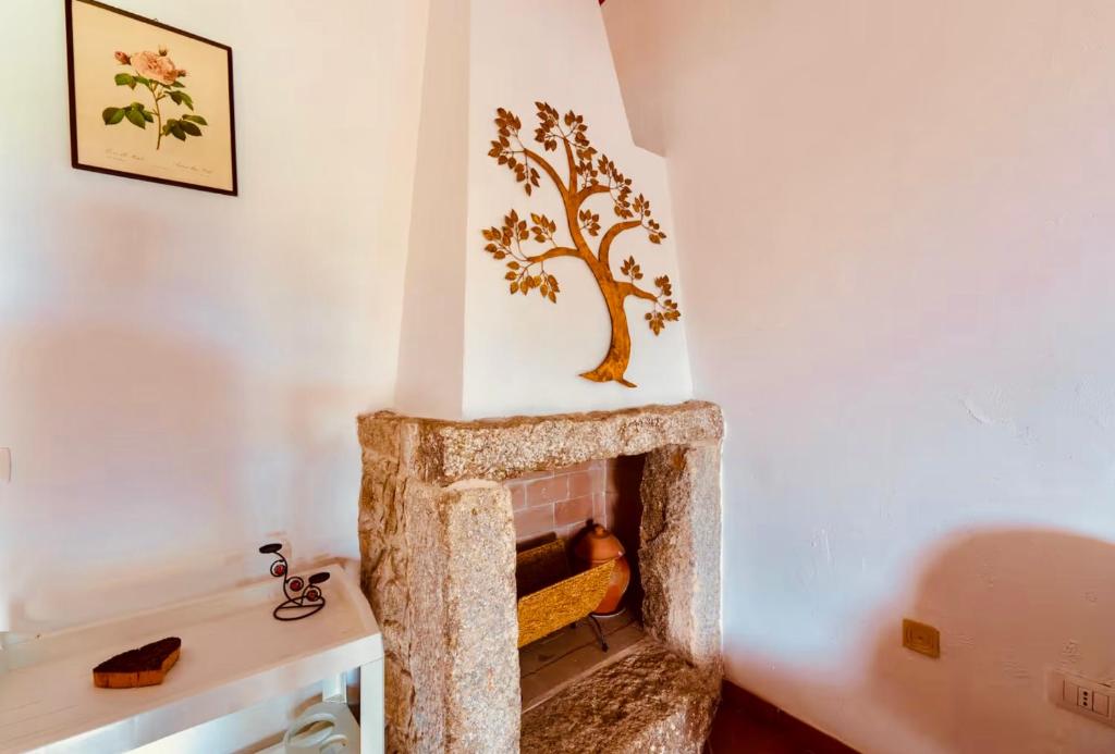 une cheminée en pierre avec un arbre sur le mur dans l'établissement Lu Stazzu di Tarraolta, à Vignola Mare