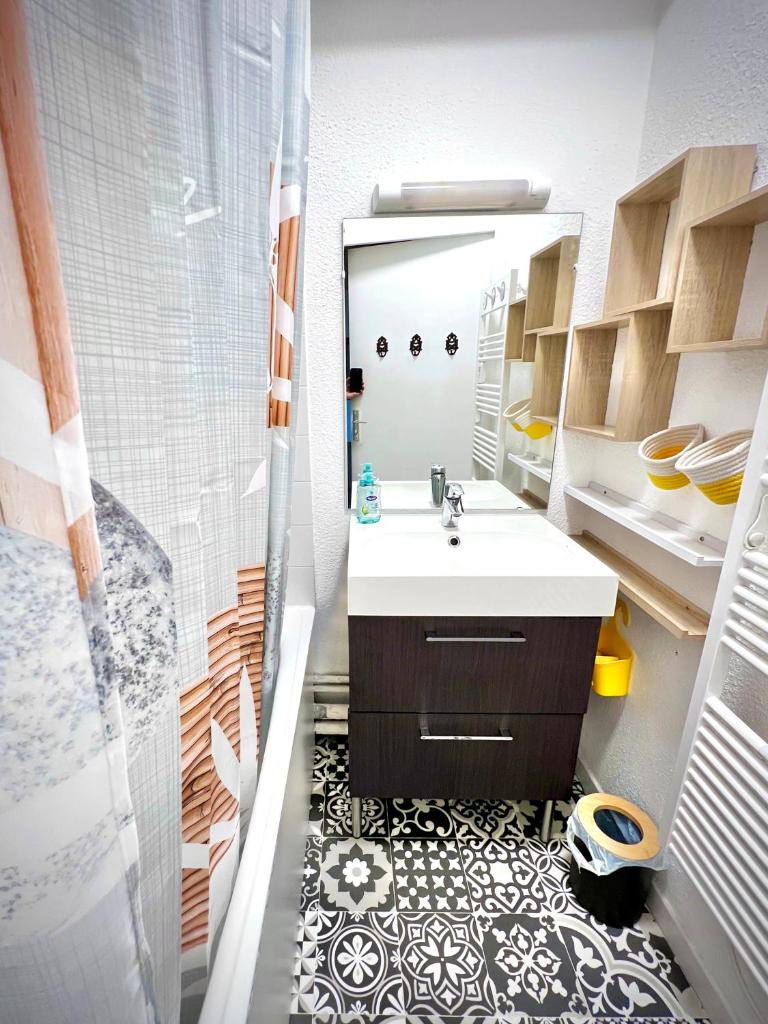 une salle de bain avec un lavabo et une douche dans l'établissement La joue du loup, aux pieds des pistes et vue sur montagnes, à La Joue du Loup