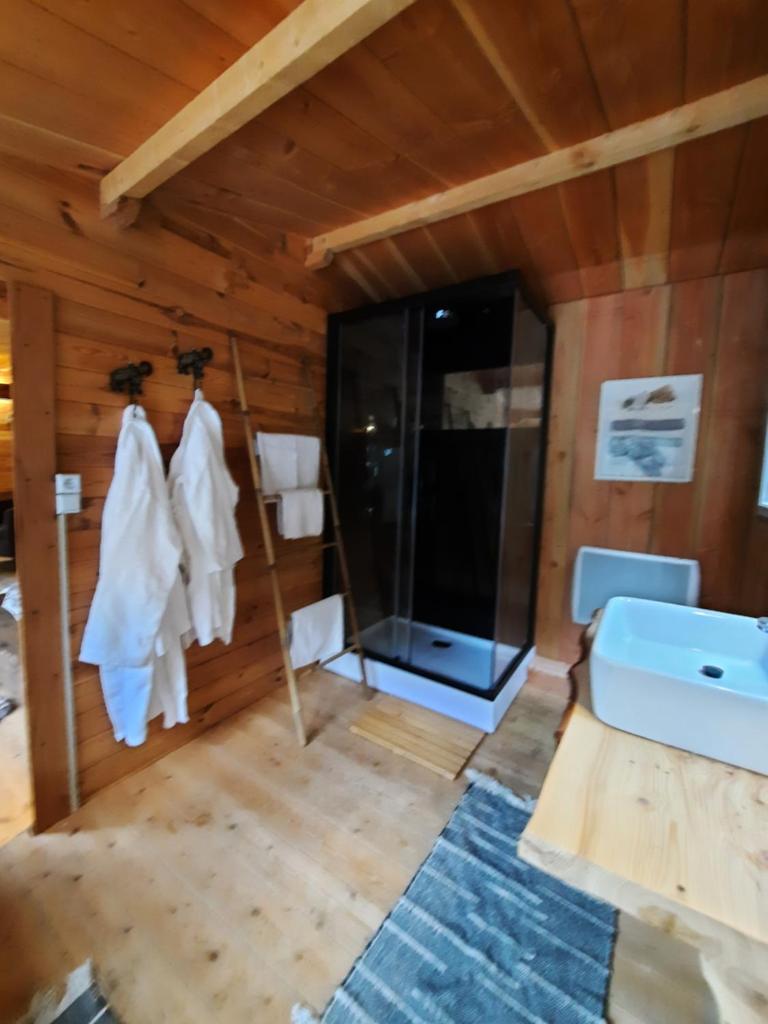 une salle de bain avec une douche en verre et un lavabo dans l'établissement Domaine de la Vitarelle Glamping, à Villanière