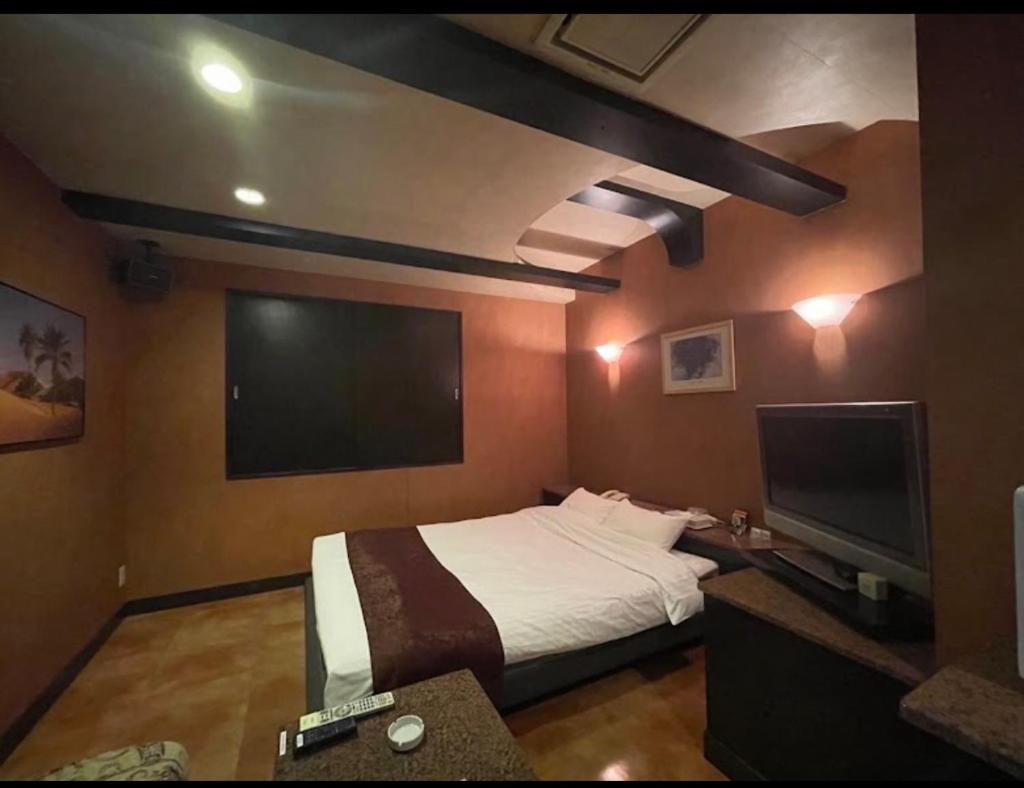 une chambre avec un lit et une télévision à écran plat dans l'établissement ホテルビューローズマリー, à Kai